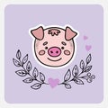 Pig. Cute funny hand drawn animal with hearts, leaves and branches.